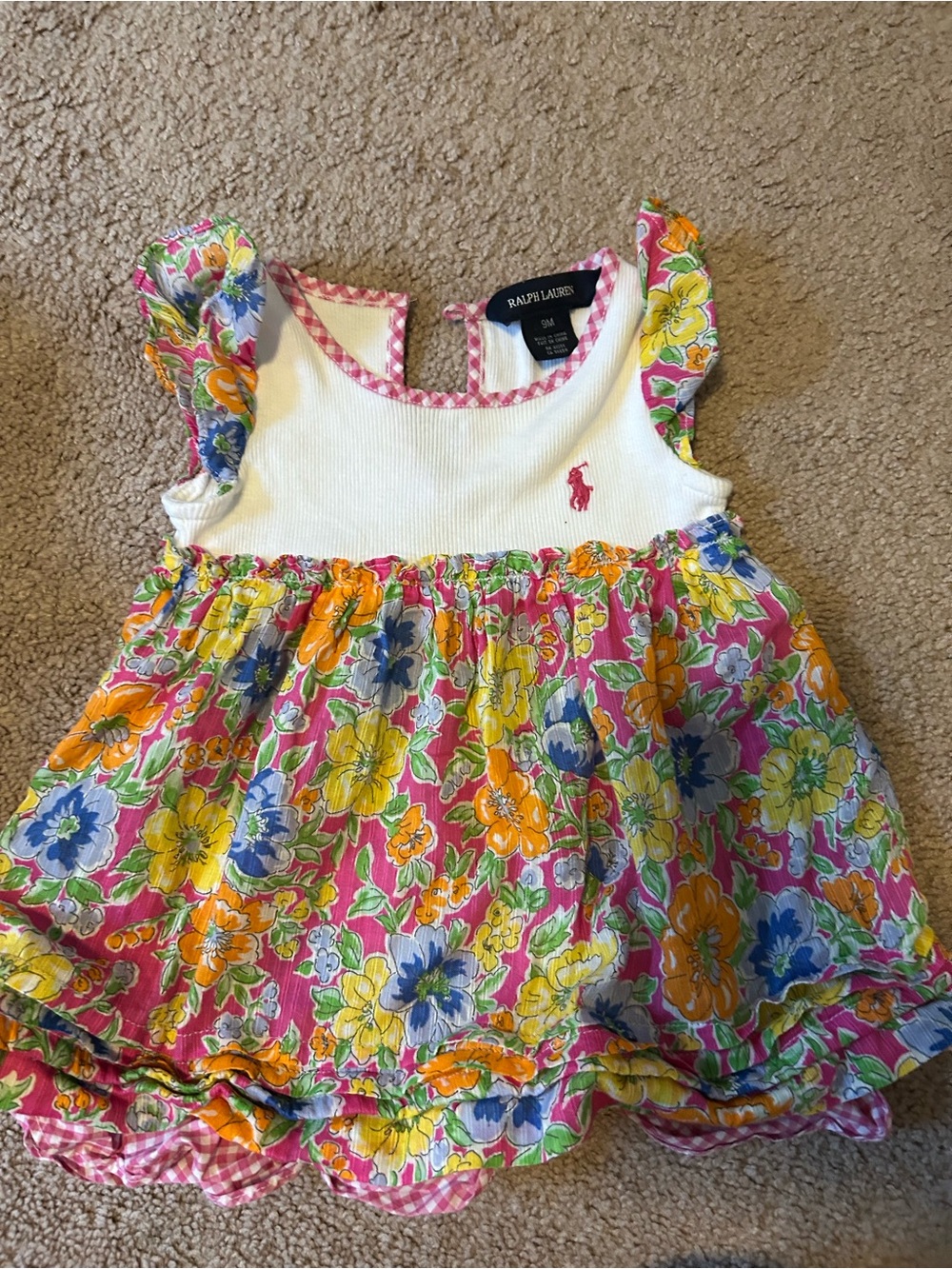 Ralph Lauren White Bodice Floral Tank Top Dress with Pink Trim